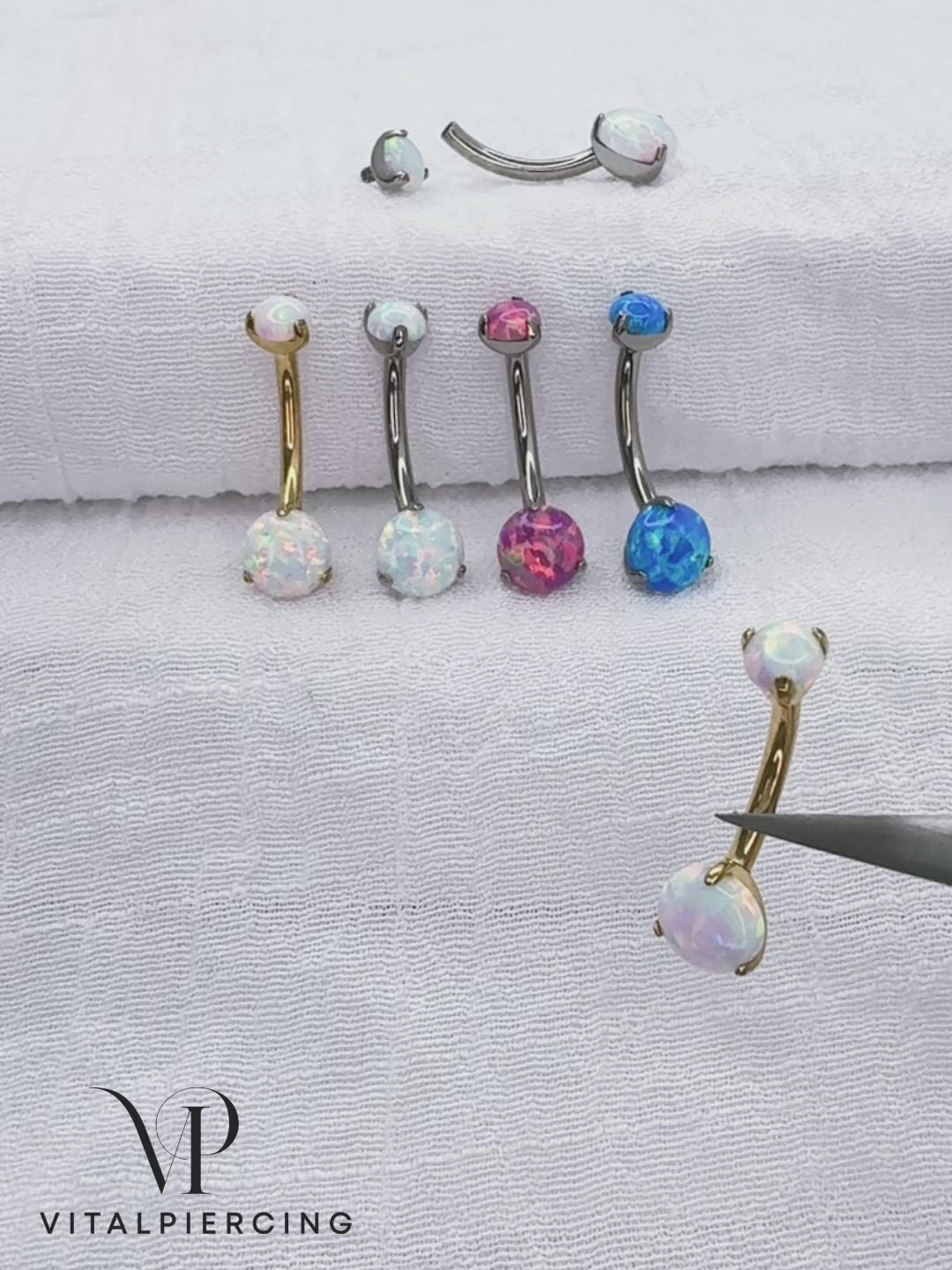 Titanium belly button ring with round opal stone curved barbell
