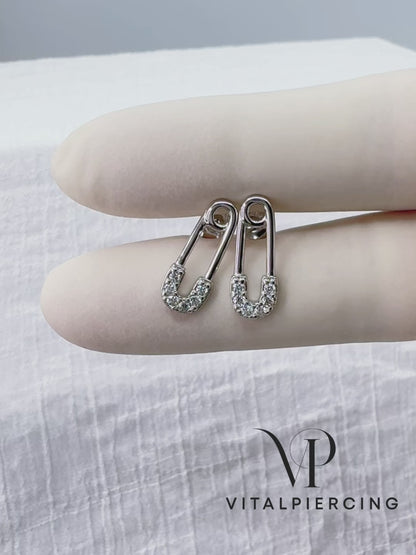 ✨ 925 Silver CZ Safety Pin Stud Earrings