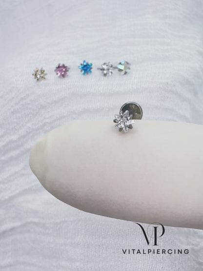 ✨ Titanium Prong-Set Pink Star CZ Top Push-In Labret Bar Stud