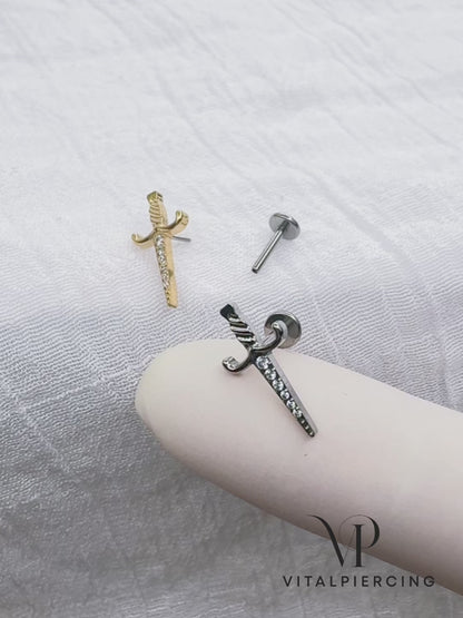 ✨ Titanium Threadless Push In Sword Dagger with CZ Top Labret Bar Stud