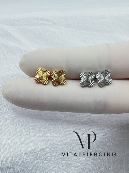 Gold clover stud earring for lobe and cartilage piercings

