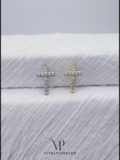 Cross CZ Hinged Belly Button Ring 14G