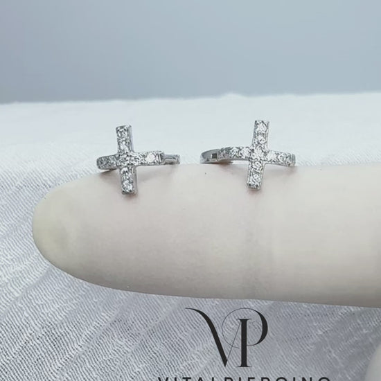 925 sterling silver huggie hoop earrings with CZ cross charm
