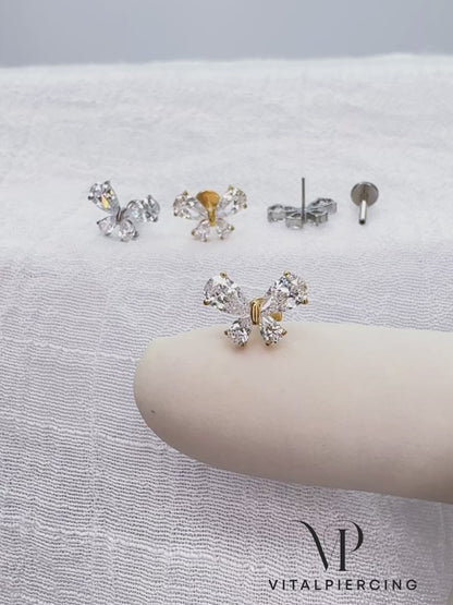 ✨ Titanium Threadless Push In CZ Butterfly Top Labret Bar Stud