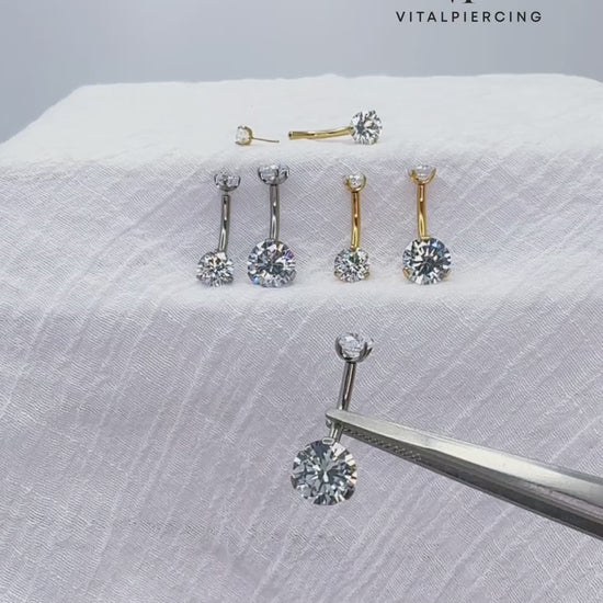 Titanium push-in belly button ring with prong-set round CZ
