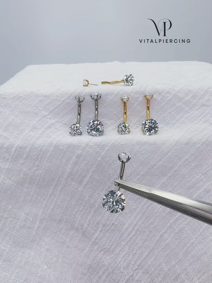 Titanium push-in belly button ring with prong-set round CZ

