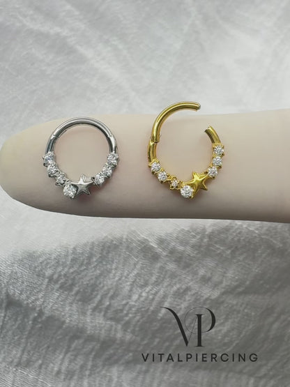 ✨ 16G 316L Surgical Steel Star and CZ Center Hinged Segment Hoop with Front CZ