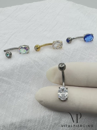 Titanium belly button ring with CZ top and oval design for navel piercing