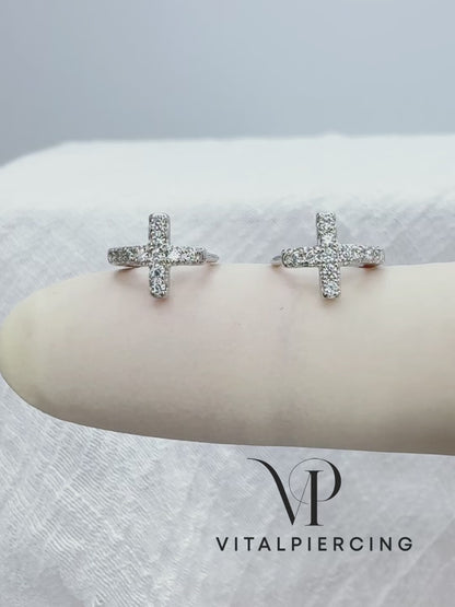 ✨ 925 Silver CZ Huggie Cross Hoop Earrings