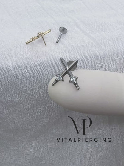 ✨ Titanium Threadless Push In Cross Sword with CZ Top Labret Bar Stud