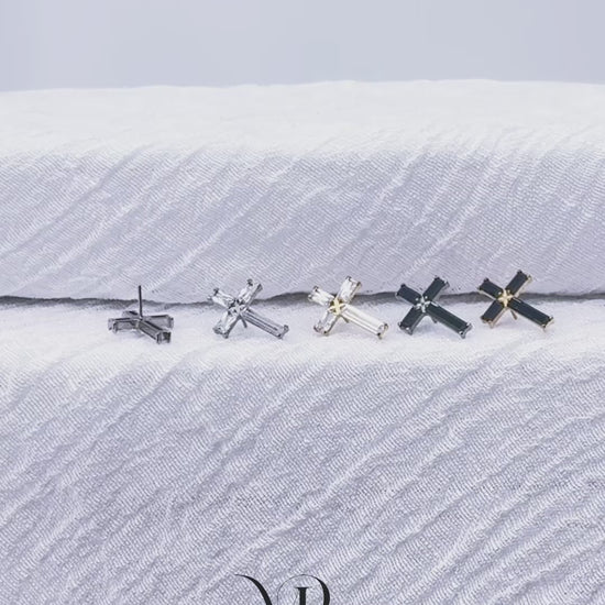 Titanium threadless labret with baguette CZ cross top for ear piercing

