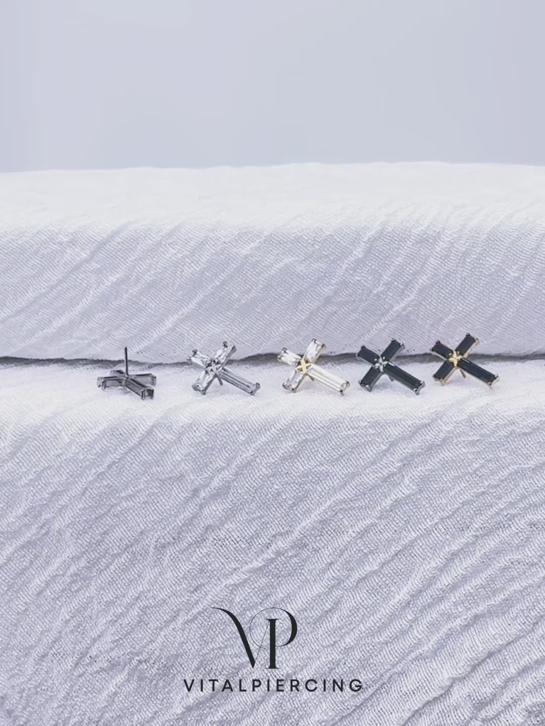 Titanium threadless labret with baguette CZ cross top for ear piercing
