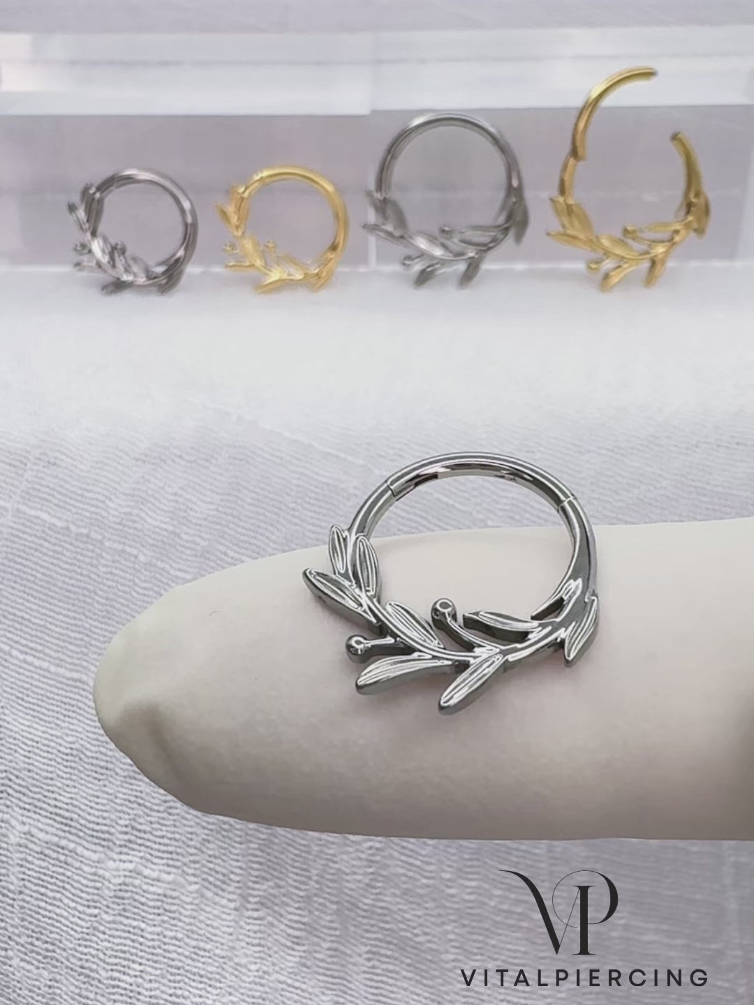 Titanium leaf branch hinged segment hoop ring for daith and septum
