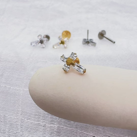 Titanium threadless labret with CZ cross top for ear piercing
