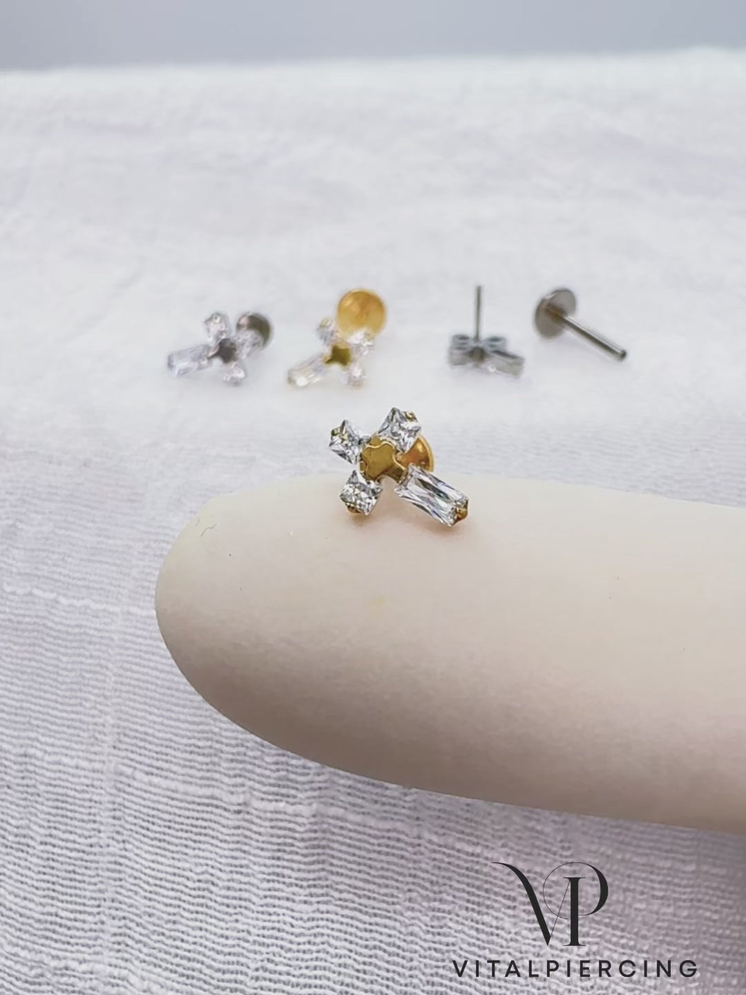 Titanium threadless labret with CZ cross top for ear piercing
