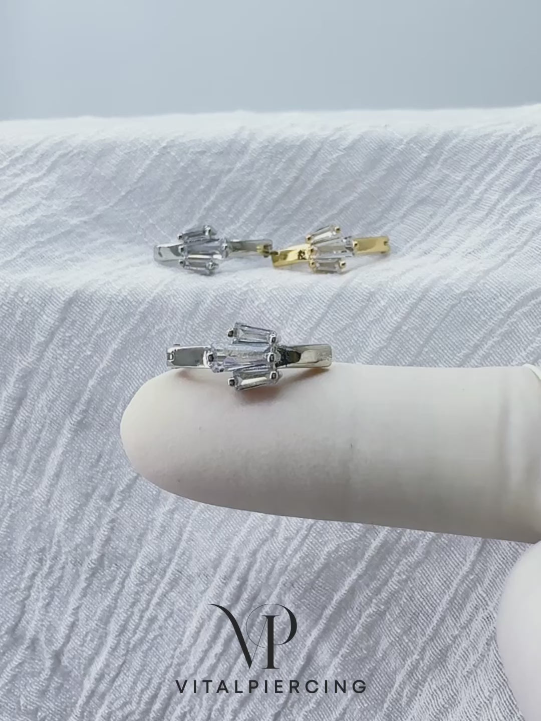 Surgical steel baguette CZ hinged belly button ring curved barbell
