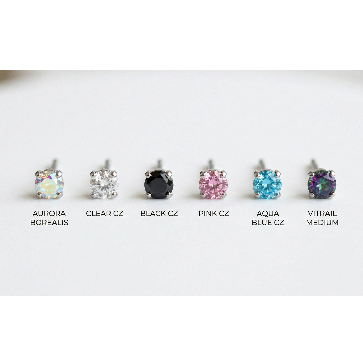 Titanium CZ prong threadless tops all six colors — AB, clear, black, pink, aqua, vitrail medium
