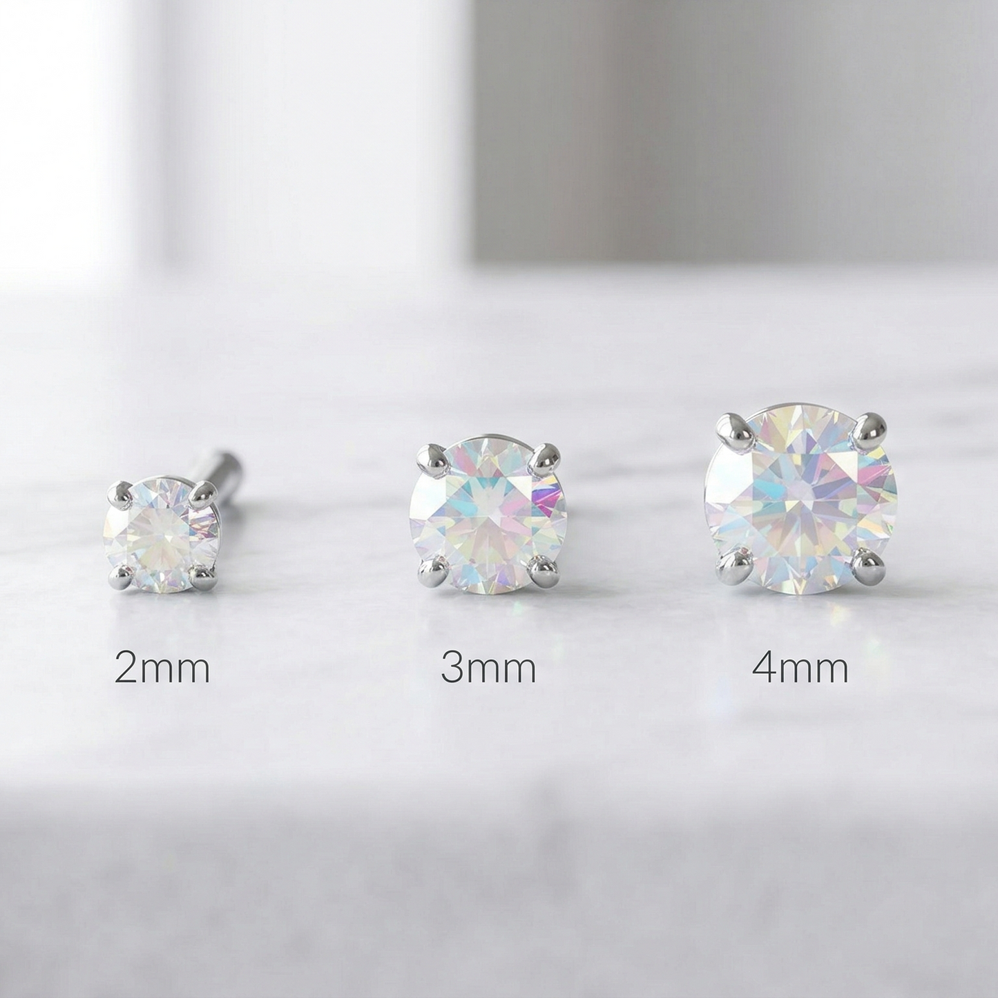 Titanium AB CZ prong threadless stud size comparison 2mm 3mm 4mm

