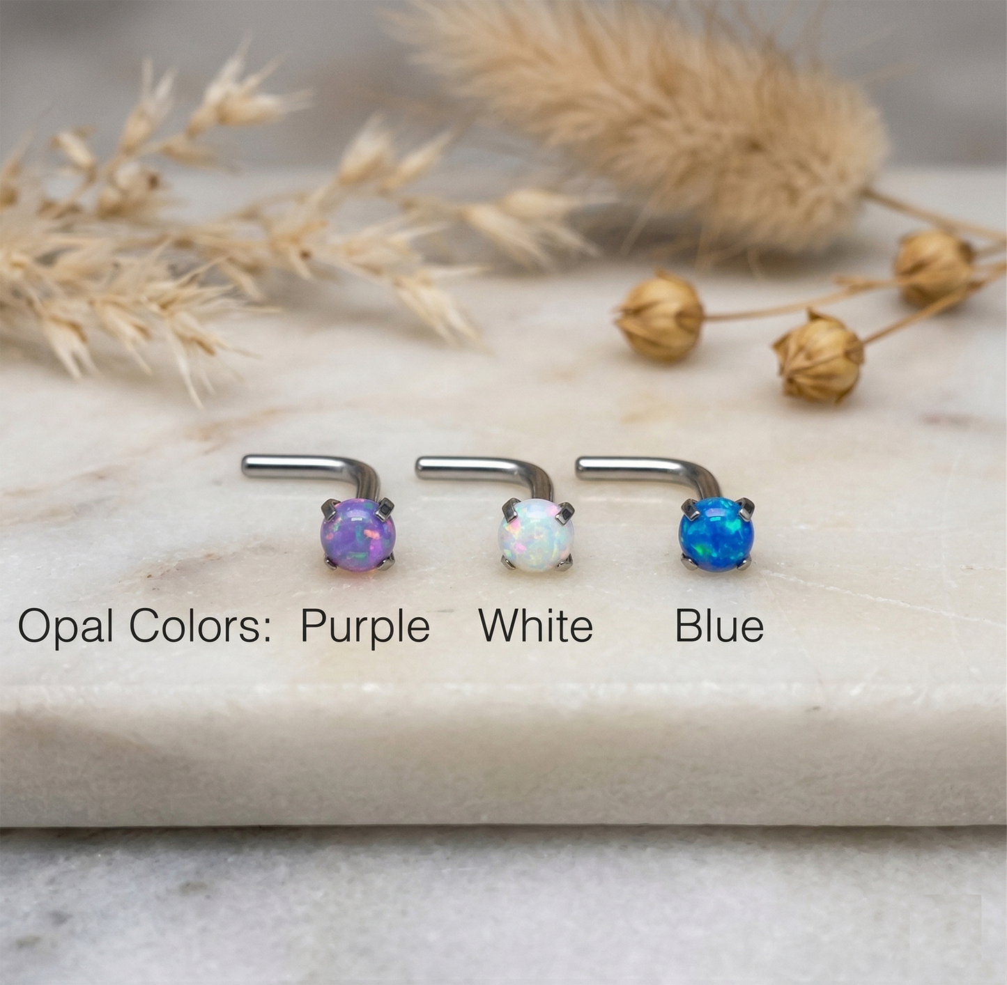 Surgical Steel Opal Prong Set L-Bend Nose Stud 18G 20G