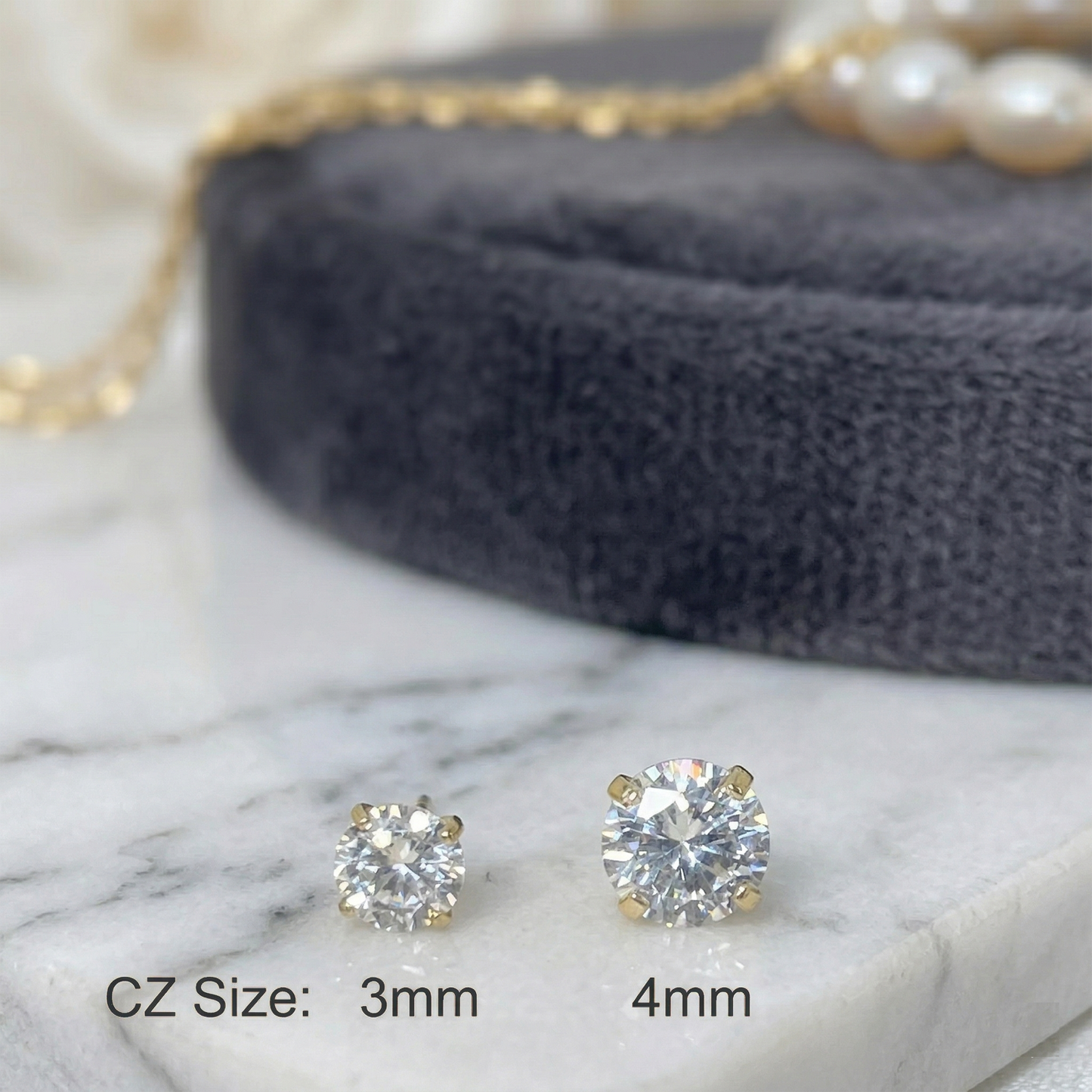 Gold titanium clear CZ prong threadless stud size comparison 2mm 3mm 4mm
