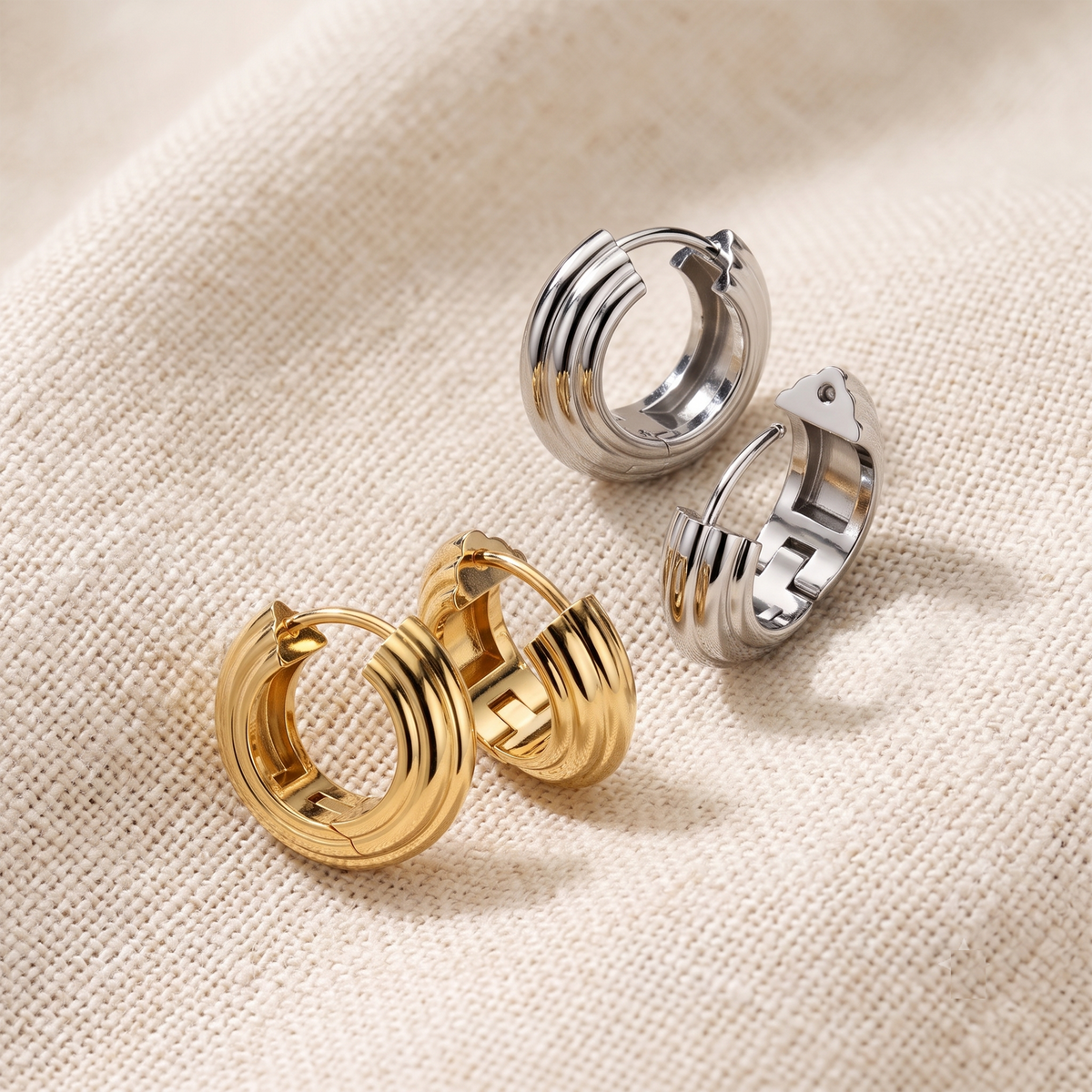 Surgical Steel Layered Wide Hinge Hoop Huggie Earrings (Pair)