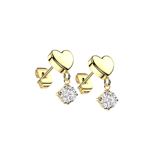 Surgical Steel Heart Stud Earrings With CZ Dangle - Pair