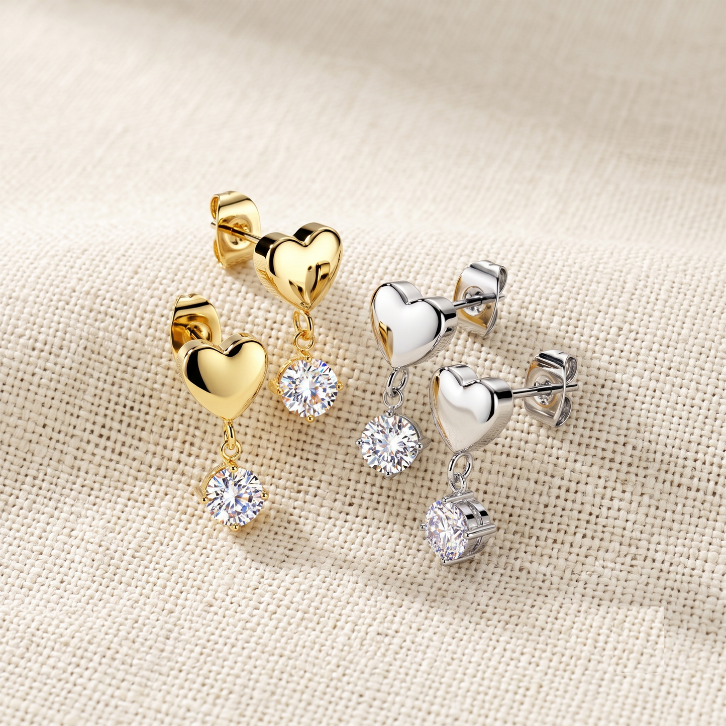 Surgical Steel Heart Stud Earrings With CZ Dangle - Pair
