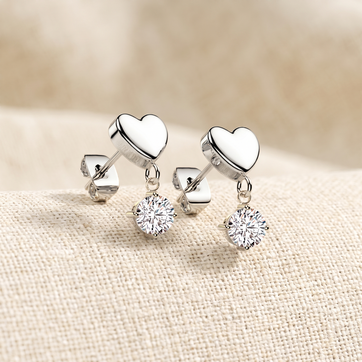 Surgical Steel Heart Stud Earrings With CZ Dangle - Pair