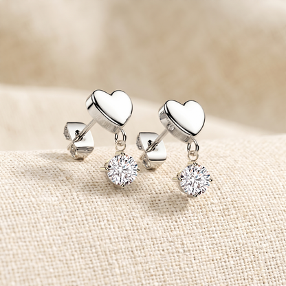 Surgical Steel Heart Stud Earrings With CZ Dangle - Pair