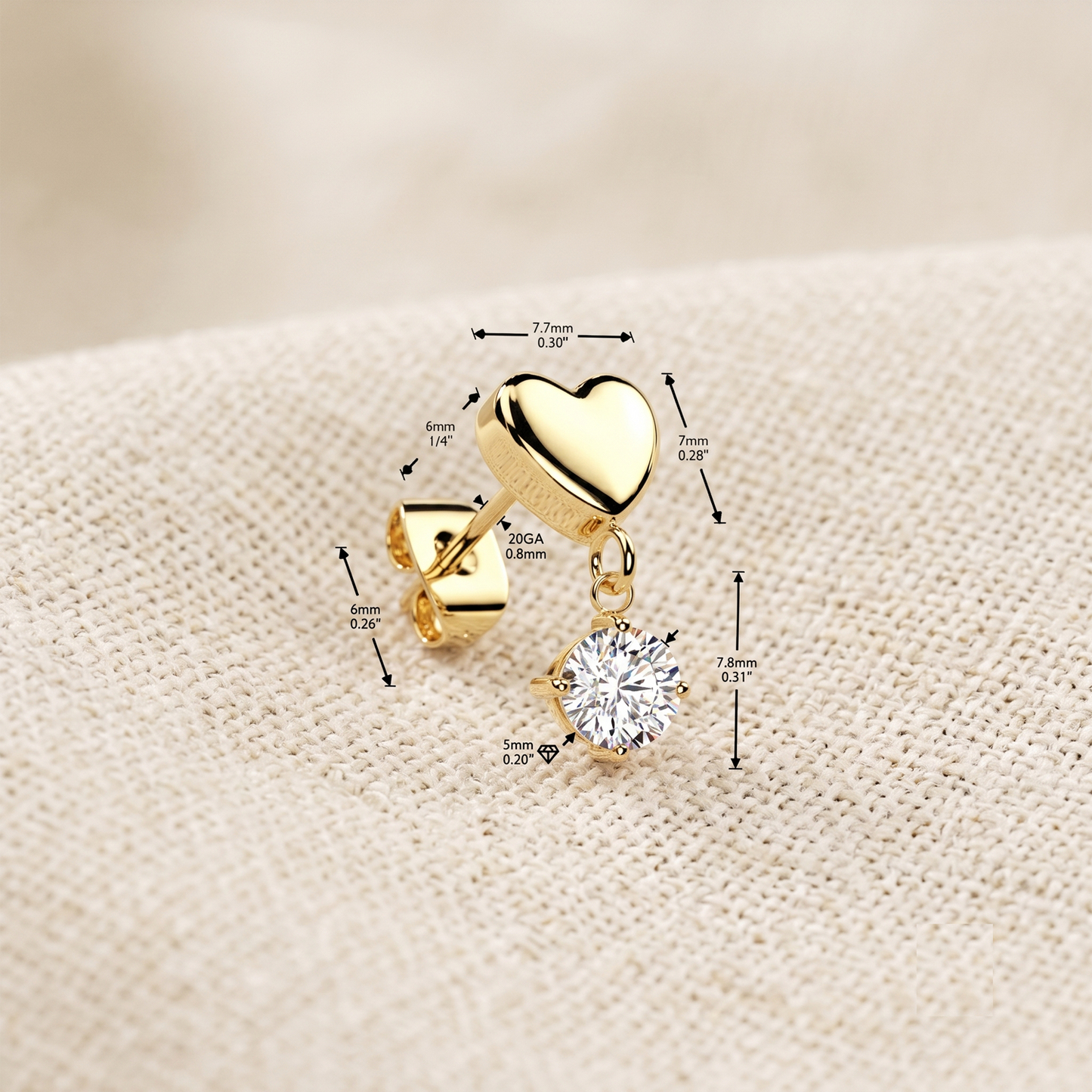 Surgical Steel Heart Stud Earrings With CZ Dangle - Pair