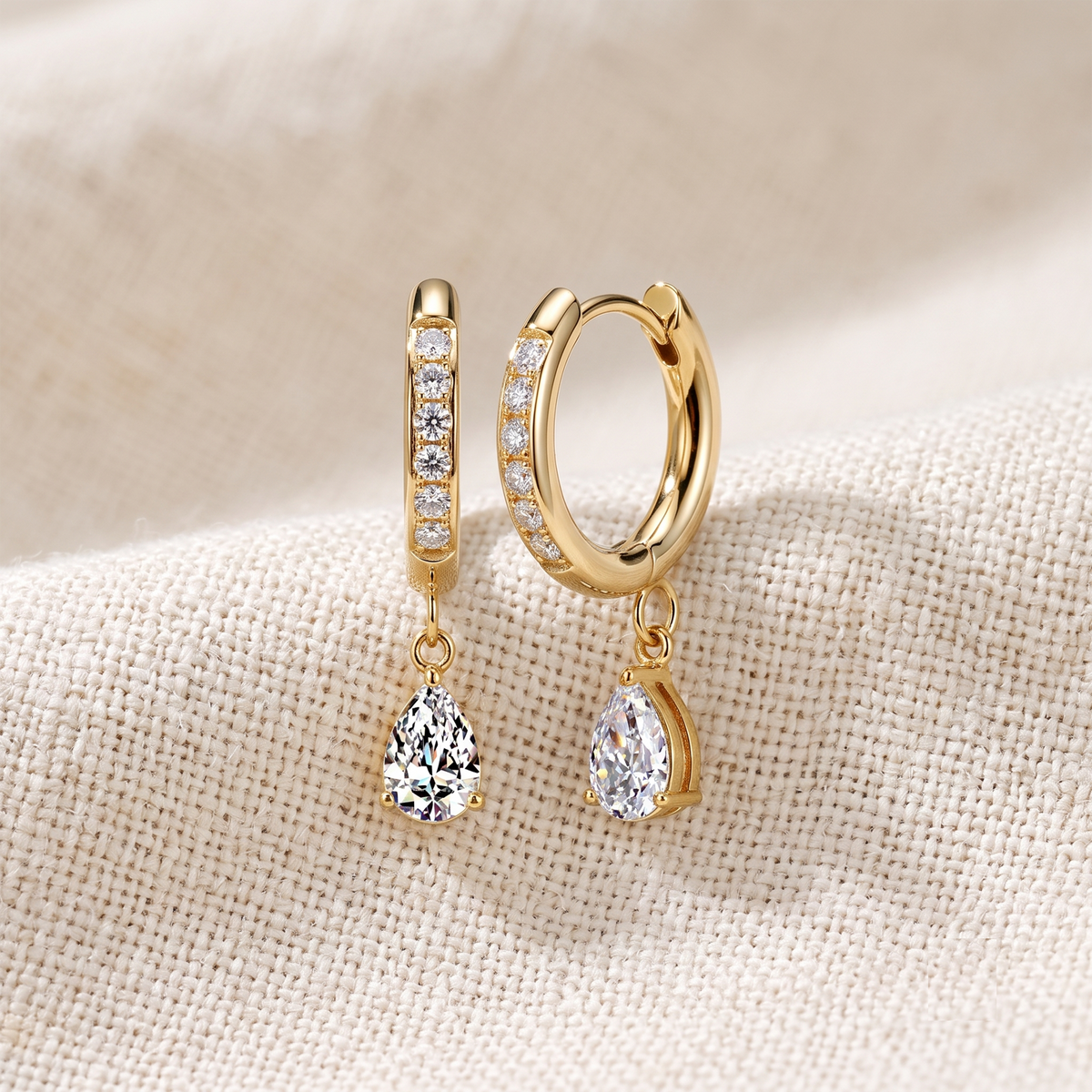 Surgical Steel CZ Huggie Hoop Earrings with Teardrop CZ Dangle (Pair)