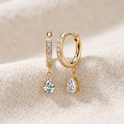 Surgical Steel CZ Huggie Hoop Earrings with Teardrop CZ Dangle (Pair)