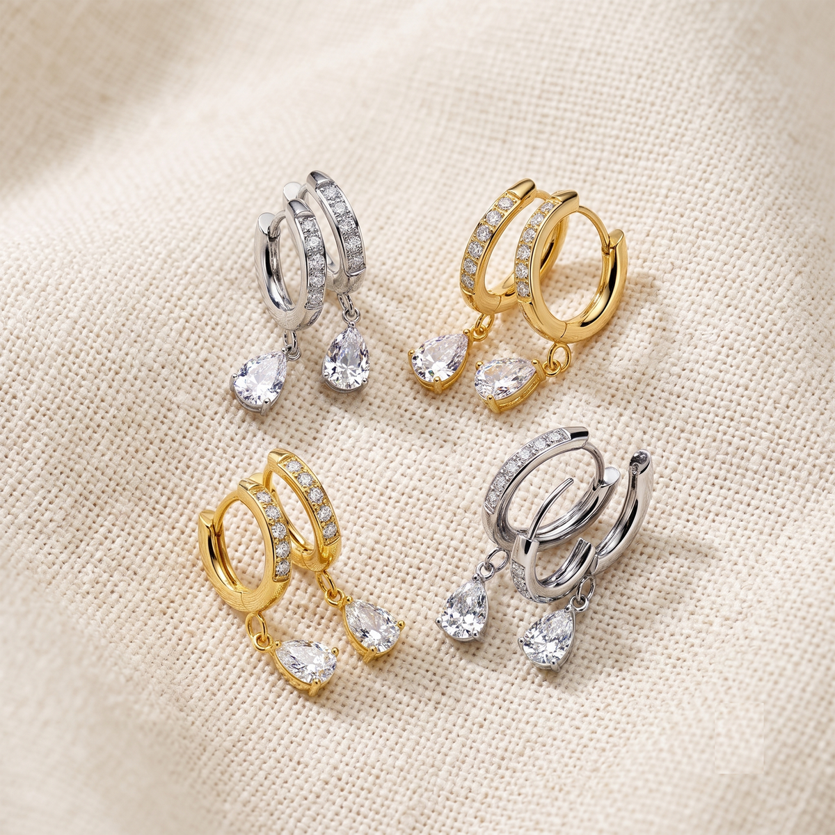 Surgical Steel CZ Huggie Hoop Earrings with Teardrop CZ Dangle (Pair)