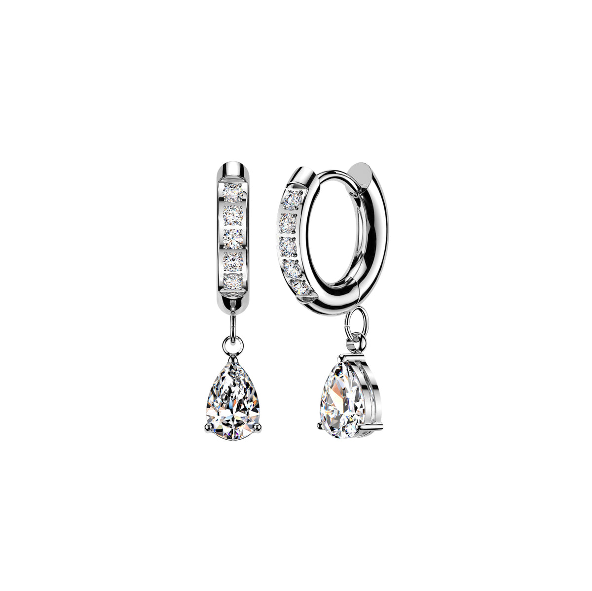 Surgical Steel CZ Huggie Hoop Earrings with Teardrop CZ Dangle (Pair)