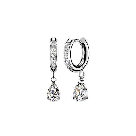 Surgical Steel CZ Huggie Hoop Earrings with Teardrop CZ Dangle (Pair)
