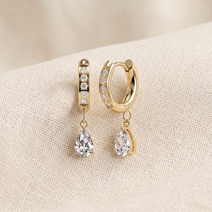 Surgical Steel CZ Huggie Hoop Earrings with Teardrop CZ Dangle (Pair)