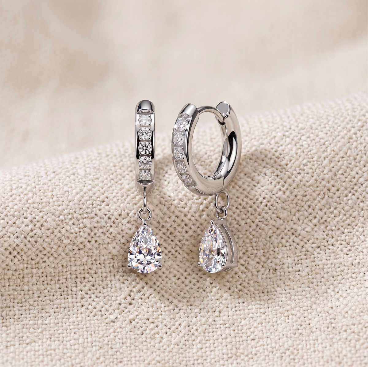 Surgical Steel CZ Huggie Hoop Earrings with Teardrop CZ Dangle (Pair)