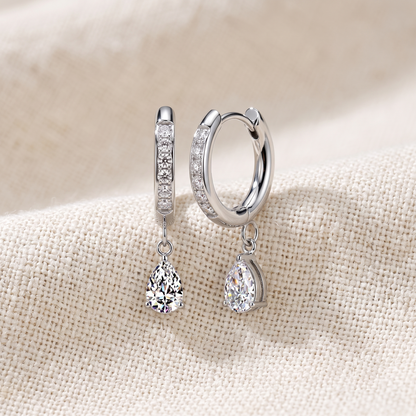 Surgical Steel CZ Huggie Hoop Earrings with Teardrop CZ Dangle (Pair)