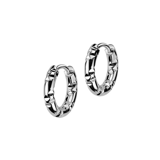 Surgical Steel Huggie Hoop Earrings With Hammered Facets (Pair)