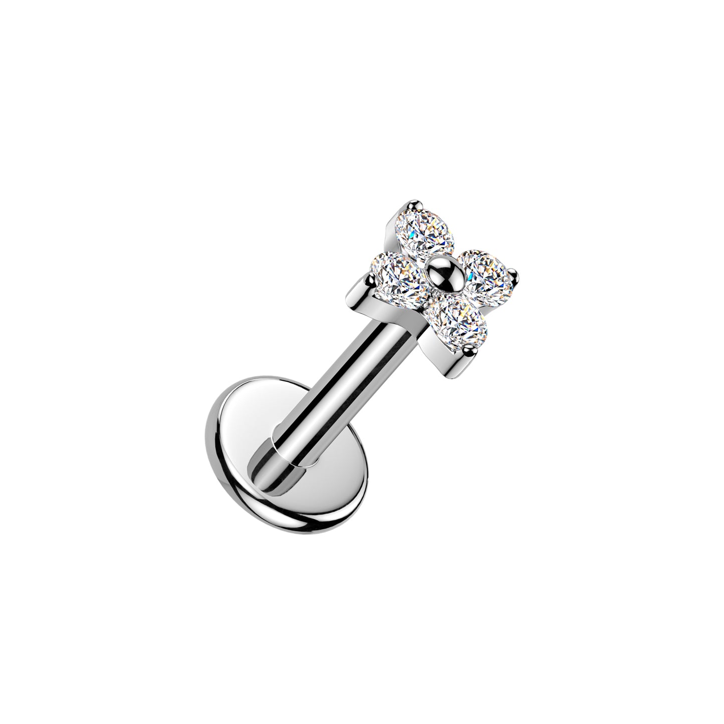Titanium 4 CZ Flower Threaded Flat Back Stud 16G