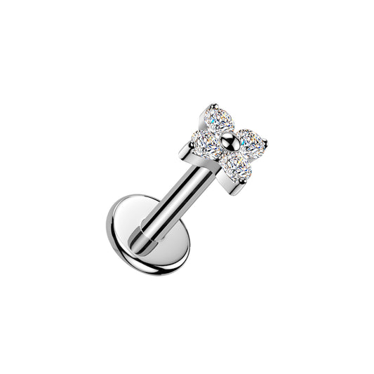 Titanium 4 CZ Flower Threaded Flat Back Stud 16G
