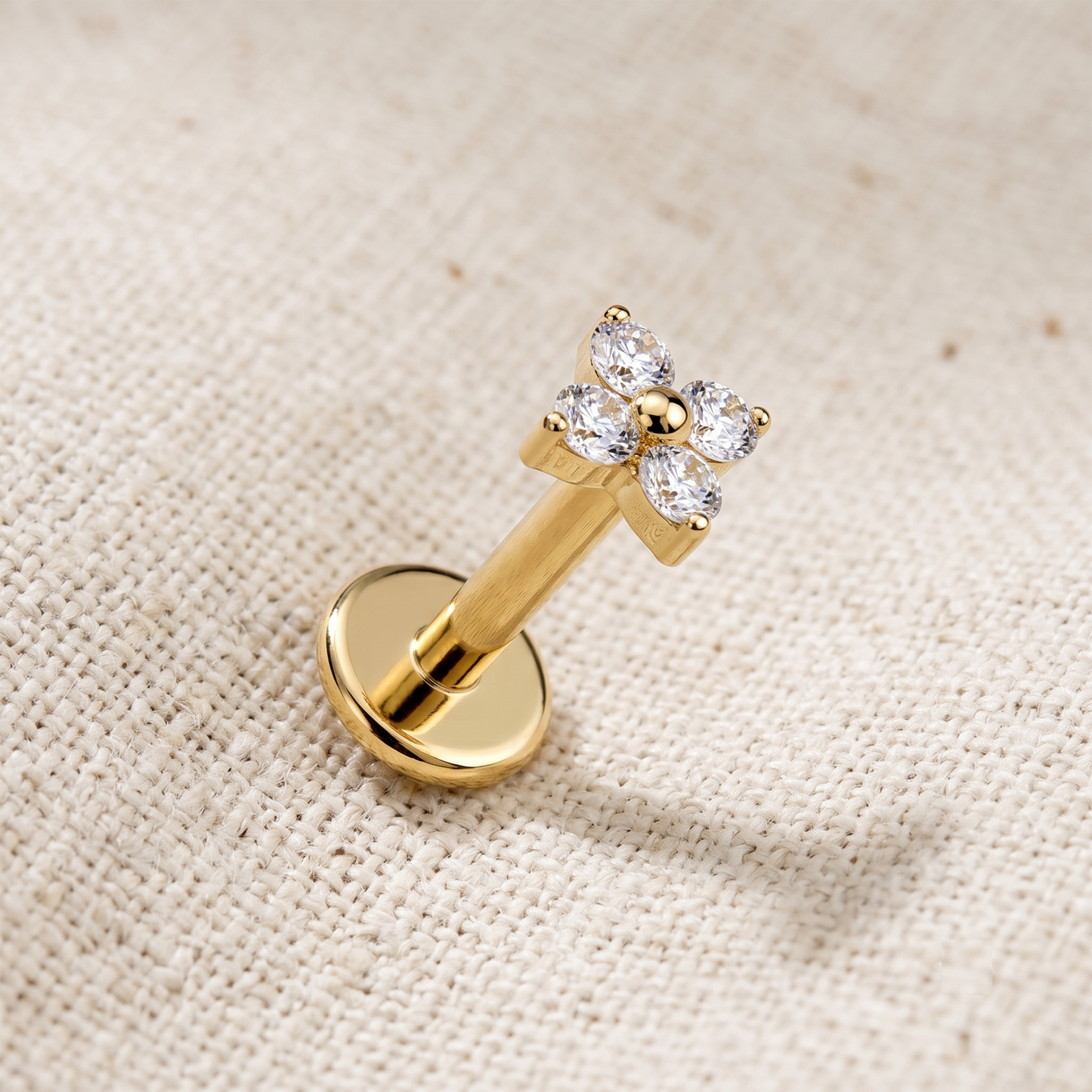 Titanium 4 CZ Flower Threaded Flat Back Stud 16G