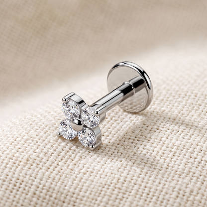 Titanium 4 CZ Flower Threaded Flat Back Stud 16G