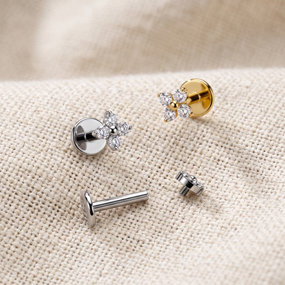 Titanium 4 CZ Flower Threaded Flat Back Stud 16G