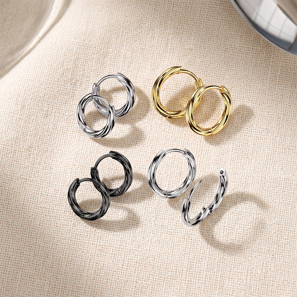Surgical Steel Twisted Huggie Hinged Hoop Earrings (pair)