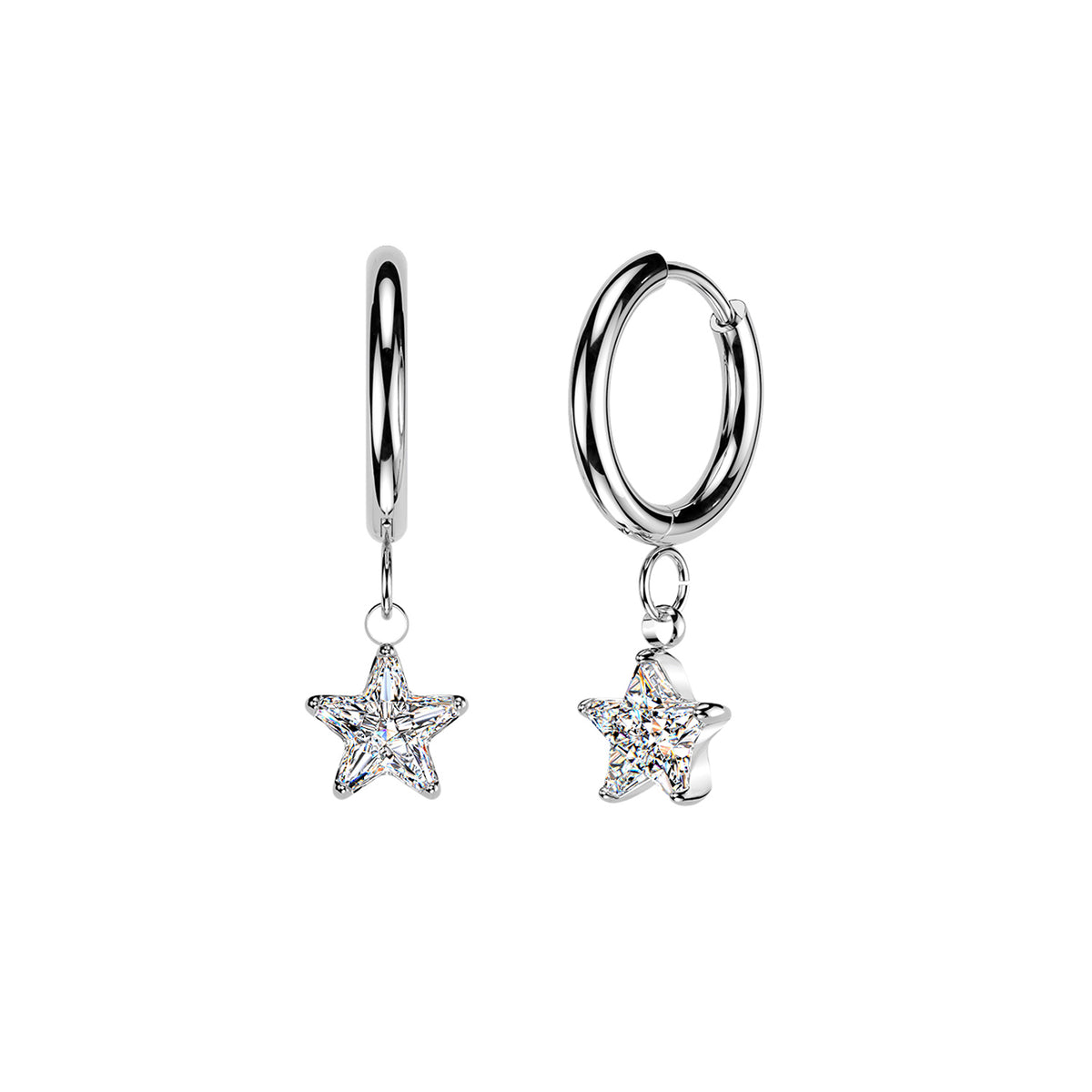 Surgical Steel Huggie Hoop Earrings with Star CZ Dangles (Pair)
