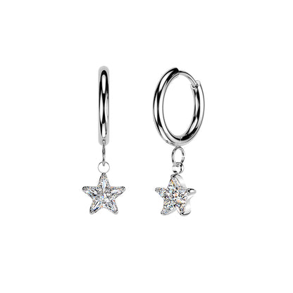 Surgical Steel Huggie Hoop Earrings with Star CZ Dangles (Pair)