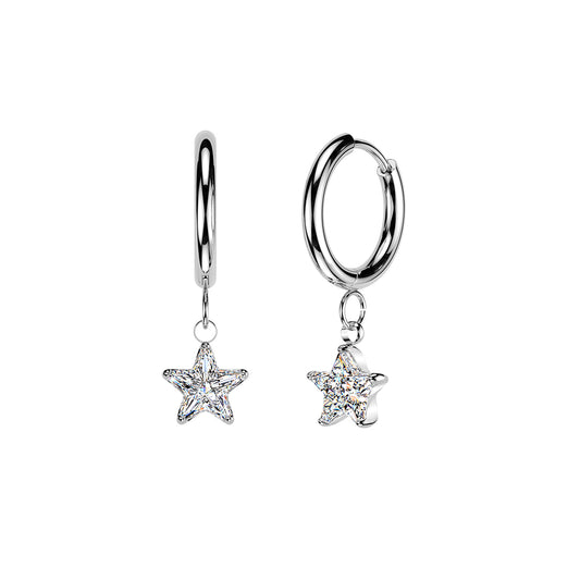 Surgical Steel Huggie Hoop Earrings with Star CZ Dangles (Pair)