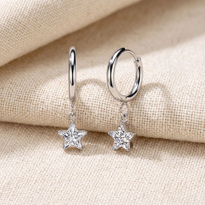 Surgical Steel Huggie Hoop Earrings with Star CZ Dangles (Pair)