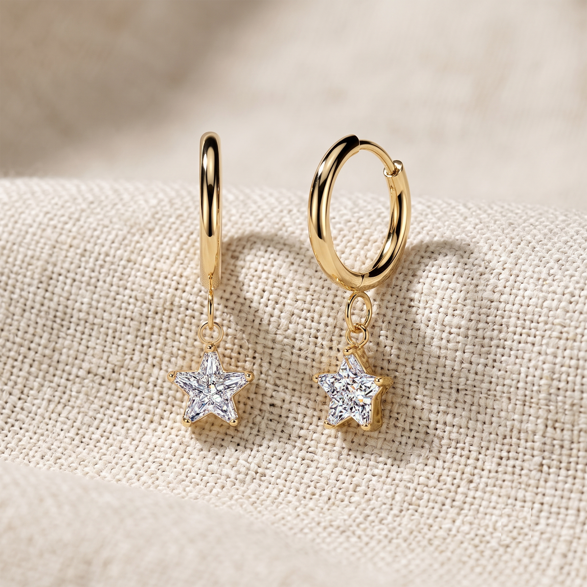 Surgical Steel Huggie Hoop Earrings with Star CZ Dangles (Pair)